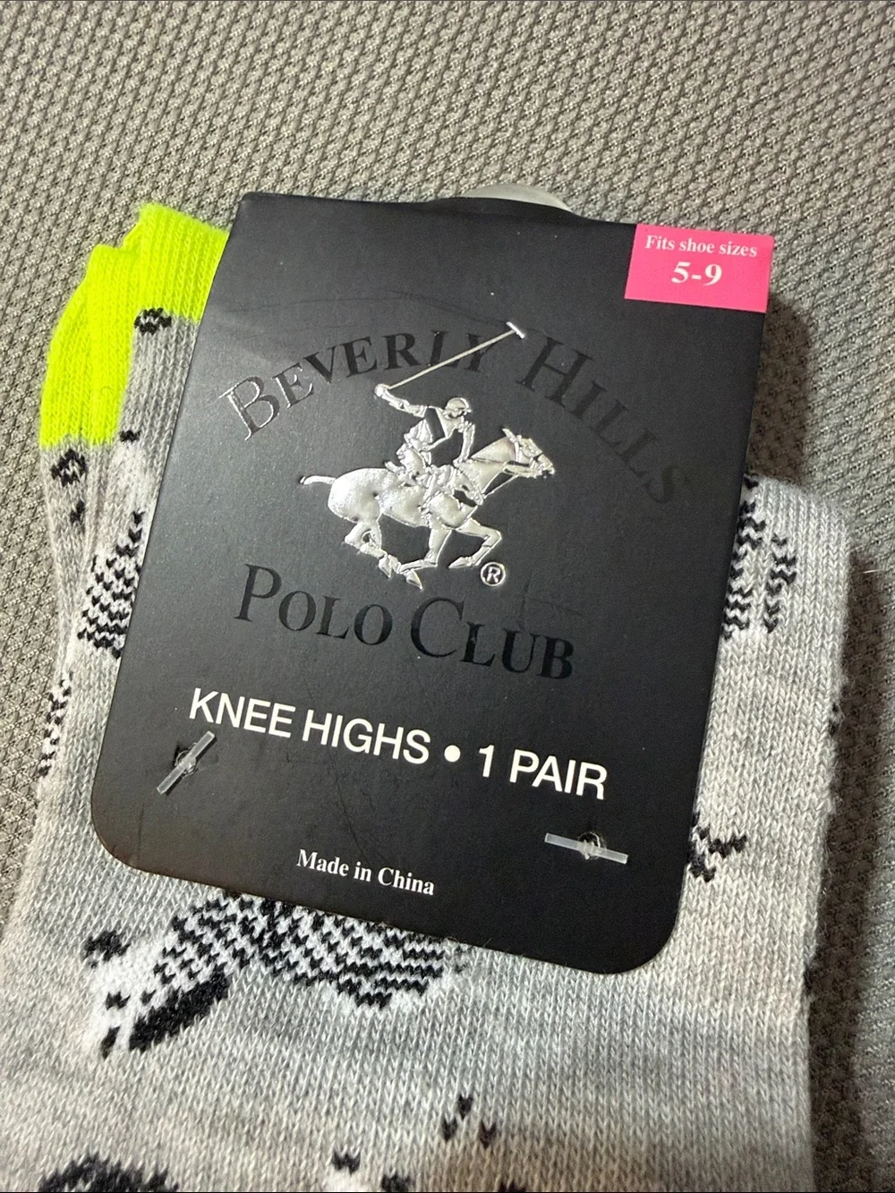 Beverly Hills Polo Club Gray Knee-High Socks-Zebras& Neon Yellow Heel-Size 5-9